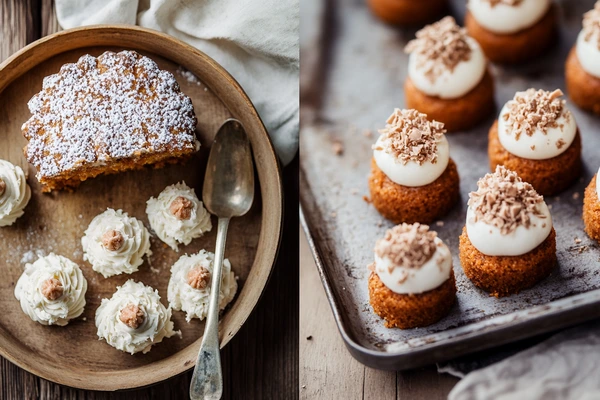 A side-by-side comparison of carrot cake bombs topped with cream cheese frosting and traditional carrot cake dusted with powdered sugar, highlighting the evolution of this dessert trend.