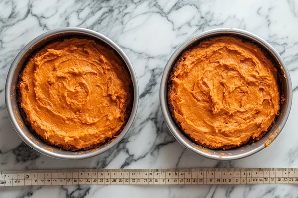 Two carrot cakes in round pans placed side by side with a measuring ruler below, showing the difference in pan size.