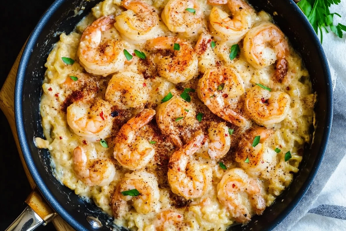 A skillet of creamy pasta topped with perfectly cooked shrimp, garnished with parsley and spices