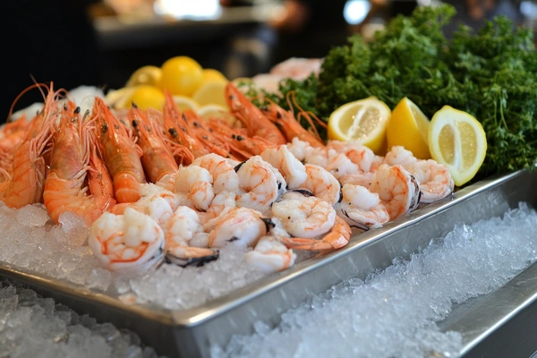 Fresh shrimp on ice displayed alongside lemons and parsley, ideal for a Bow Tie Pasta and Shrimp recipe.