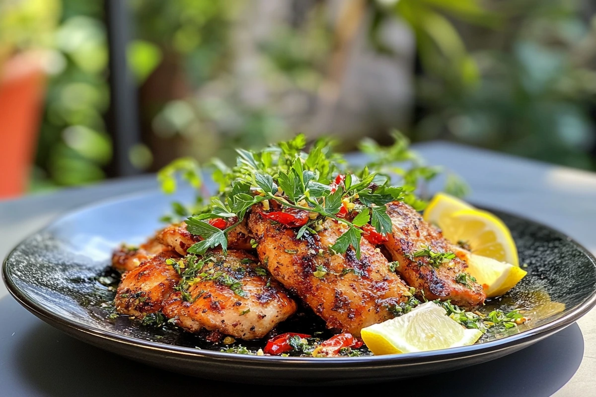 A plate of grilled lemon pepper chicken garnished with fresh parsley, lemon wedges, and red chilies, served outdoors on a black dish.