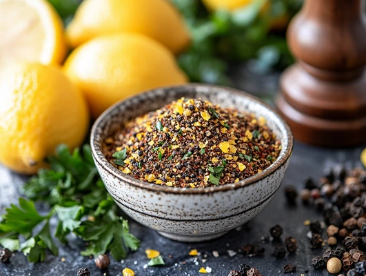 A small ceramic bowl filled with vibrant lemon pepper seasoning, surrounded by fresh lemons, parsley, black peppercorns, and a wooden pepper grinder.