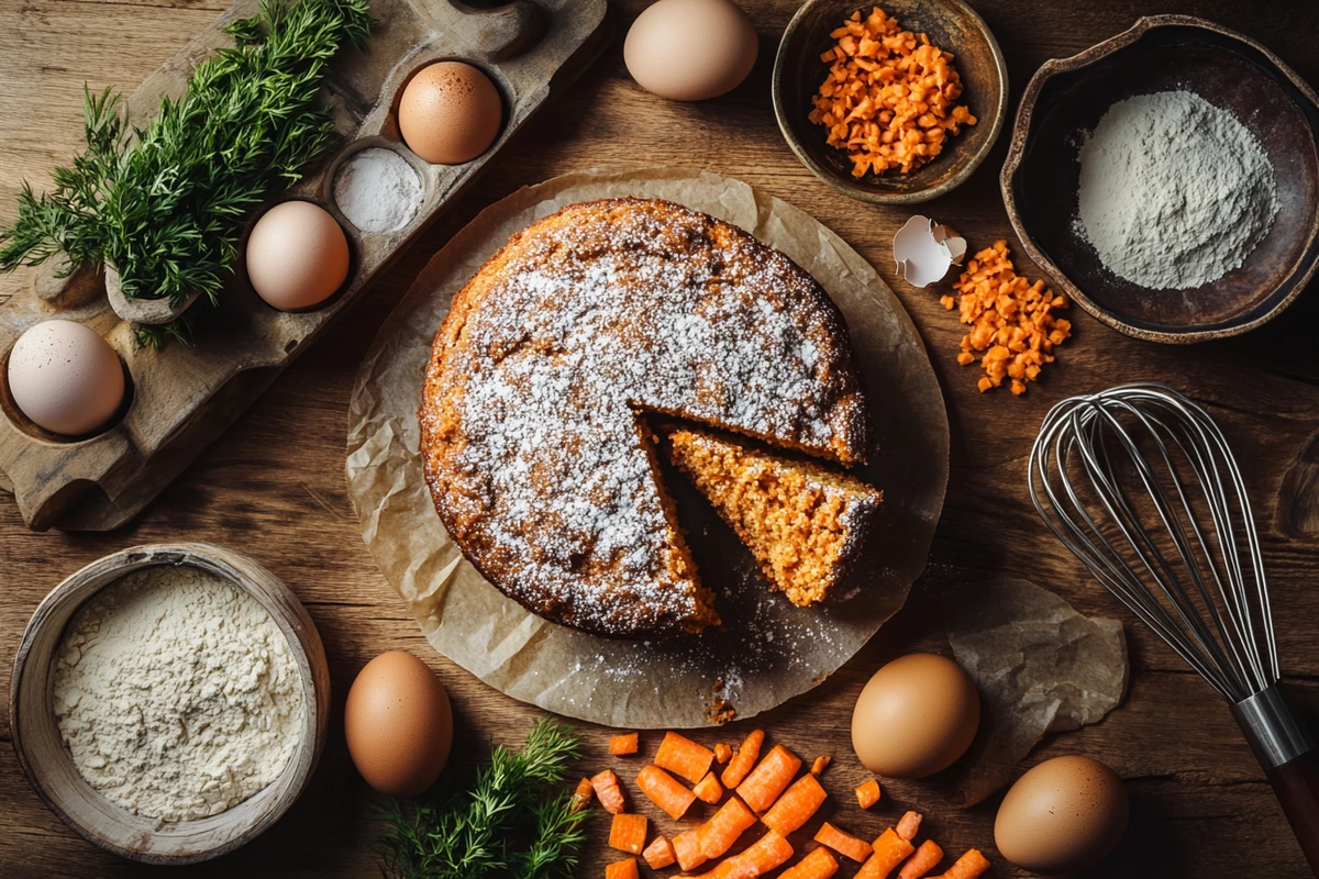 A freshly baked carrot cake with a slice removed, surrounded by eggs, grated carrots, flour, and baking tools on a rustic wooden table.