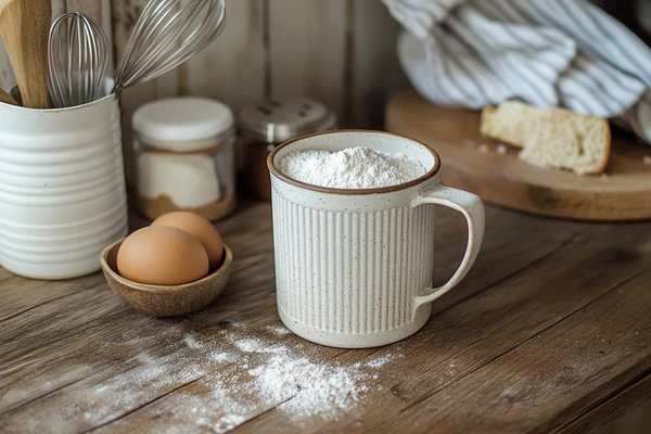 A rustic baking setup featuring a ceramic mug filled with flour, two brown eggs in a wooden bowl, and baking tools on a wooden counter with soft natural lighting