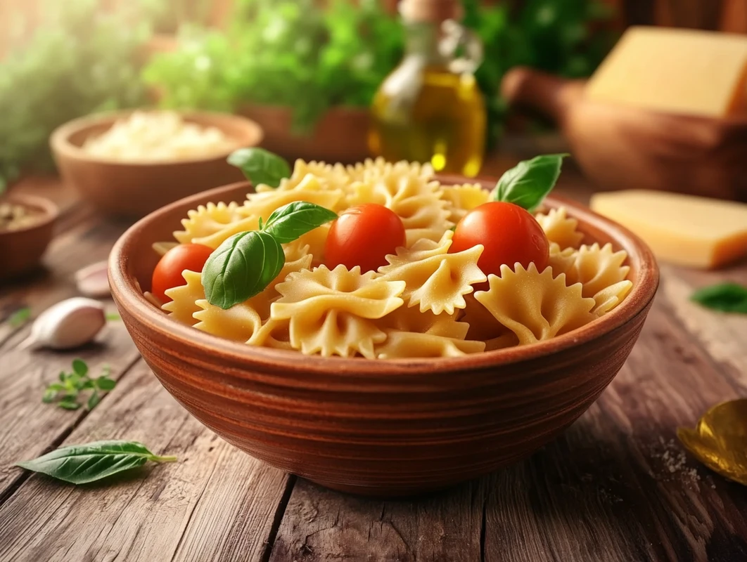 A bowl of cooked pasta with cherry tomatoes and fresh basil, showcasing its versatility for various dishes.