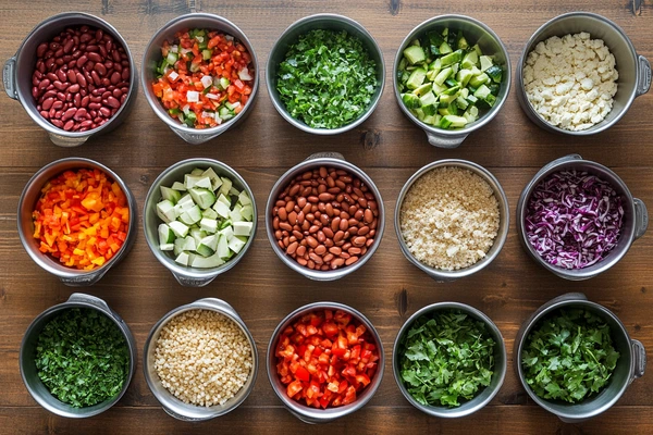 A top-down view of bowls filled with fresh ingredients like beans, tomatoes, peppers, cucumbers, and herbs, used to prepare Touchdown Taco Dip.