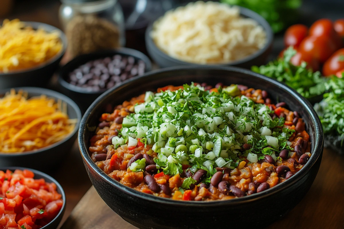 A top-down view of bowls filled with fresh ingredients like beans, tomatoes, peppers, cucumbers, and herbs, used to prepare Touchdown Taco Dip.