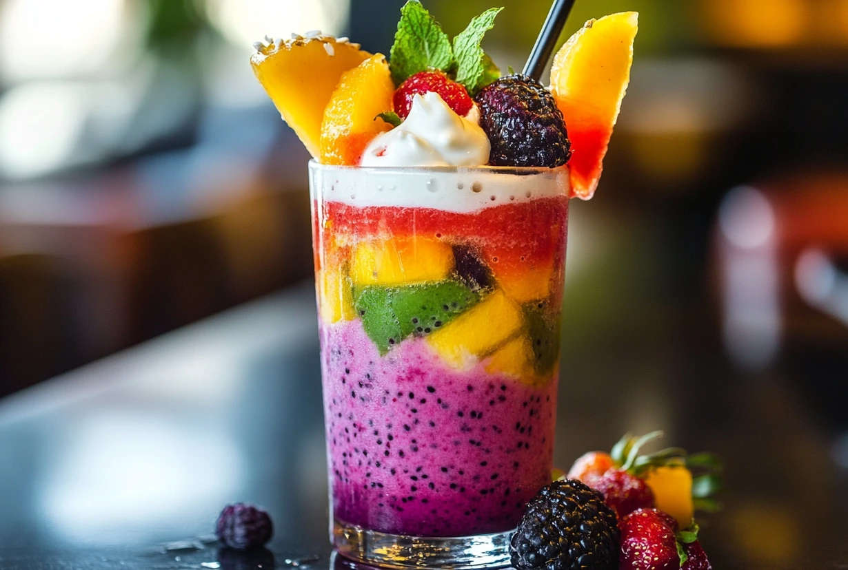 A colorful smoothie with layers of fruit and yogurt, demonstrating how to add yogurt to a smoothie for creaminess and flavor.