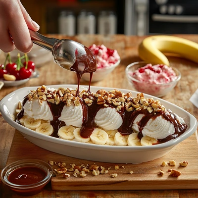 A traditional banana split being assembled with scoops of vanilla ice cream, chocolate syrup, chopped nuts, and fresh banana slices in a white dish.