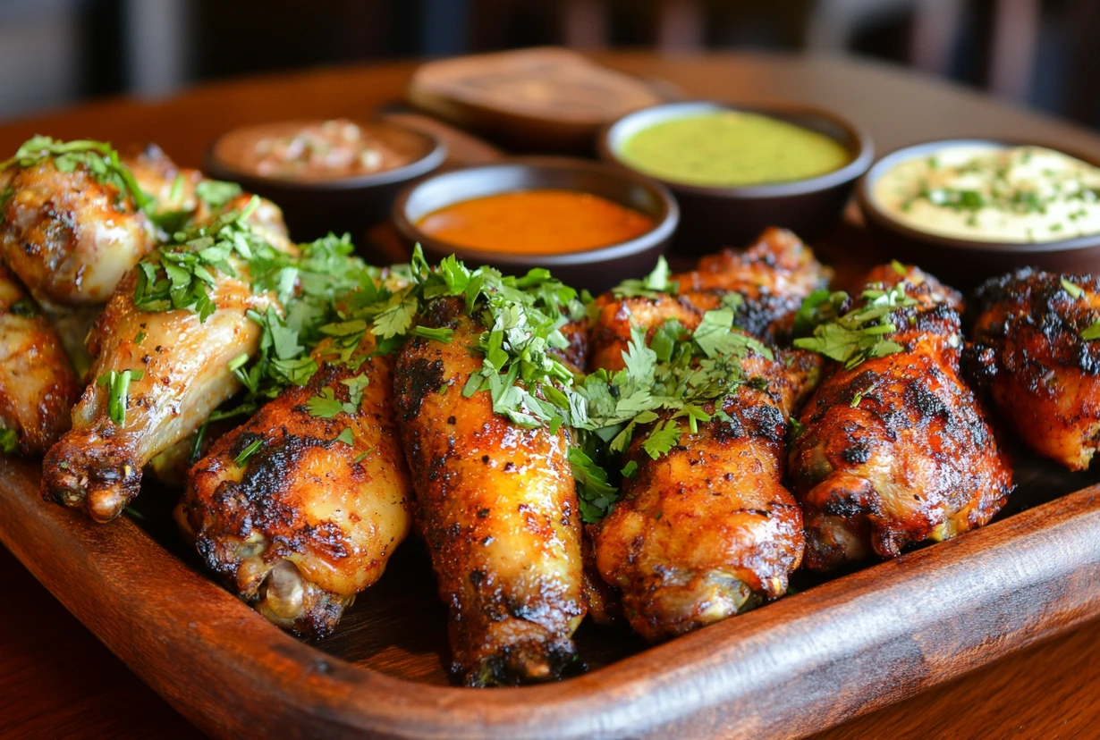 Platter of crispy baked chicken wings garnished with fresh herbs and served with dipping sauces