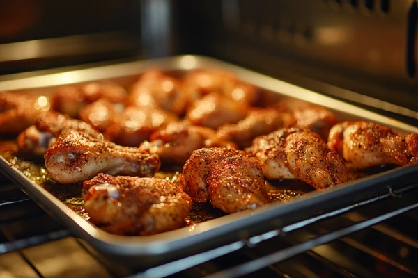 Seasoned chicken wings baking in an oven on a metal tray