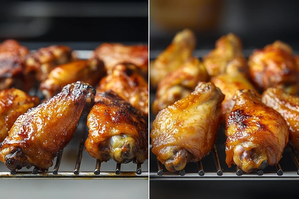 Side-by-side comparison of chicken wings baked at 350 degrees and 400 degrees on a wire rack