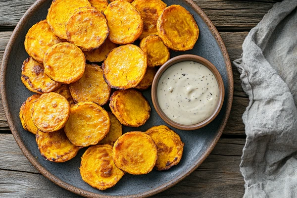 A plate of baked sweet potato slices served with a creamy dipping sauce