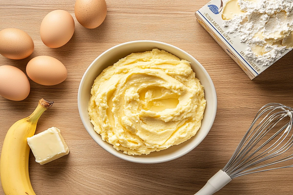 A bowl of cake batter surrounded by eggs, a banana, butter, cake mix, and a whisk on a wooden surface.