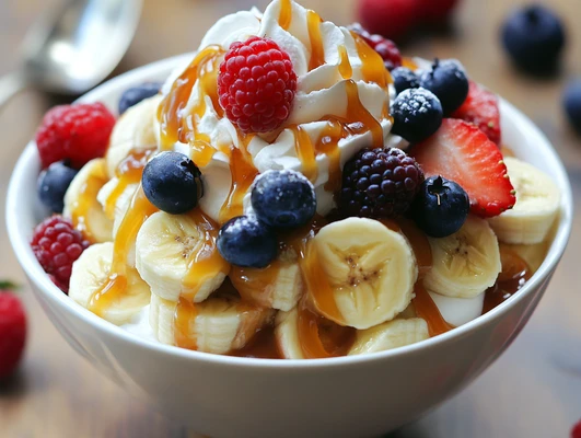 A banana royale served in a white bowl, topped with banana slices, fresh raspberries, blueberries, strawberries, whipped cream, and caramel drizzle.