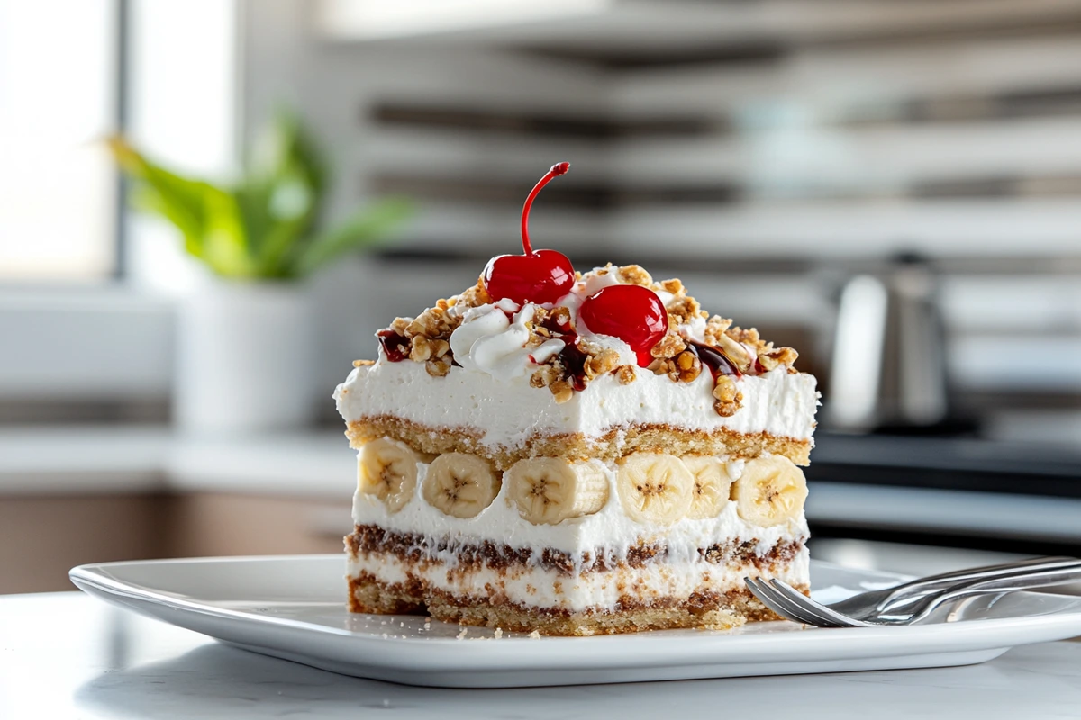 Slice of banana split cake with layers of bananas, whipped cream, and garnishes like nuts, chocolate syrup, and cherries.