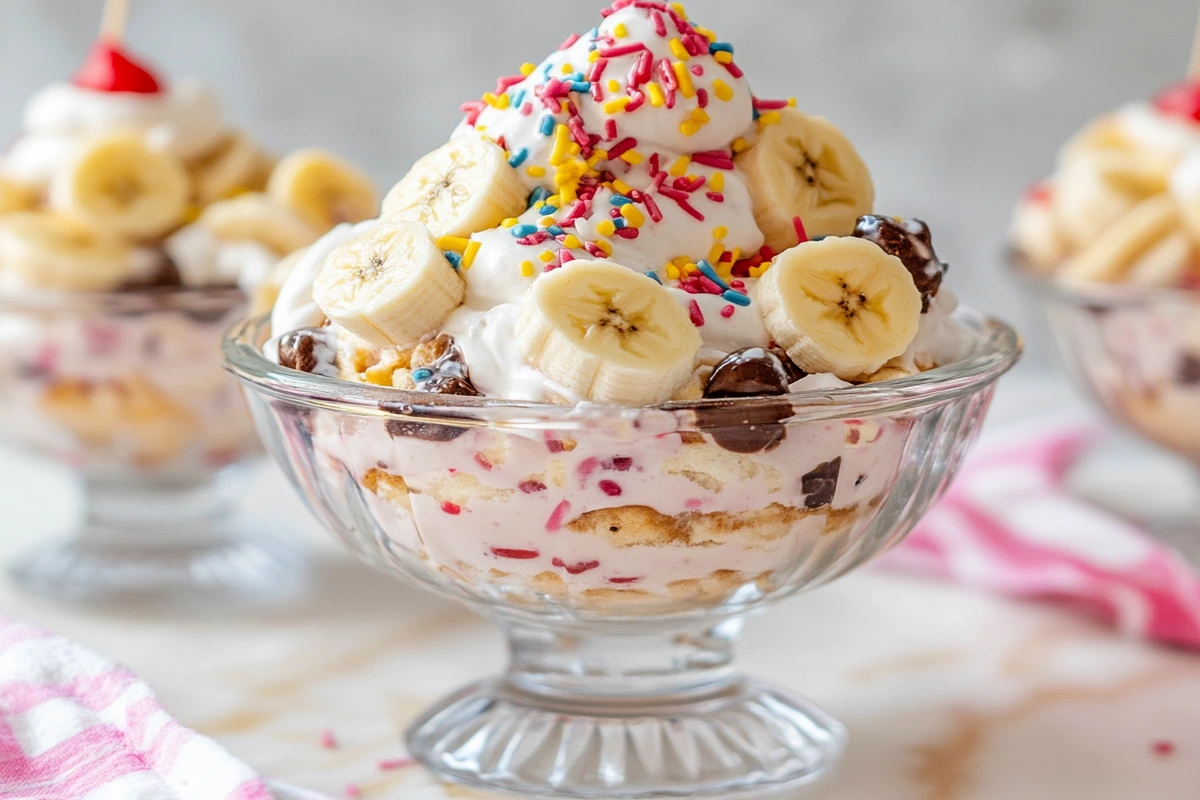 A close-up of a banana royale served in a glass bowl, topped with whipped cream, banana slices, colorful sprinkles, and chocolate pieces.