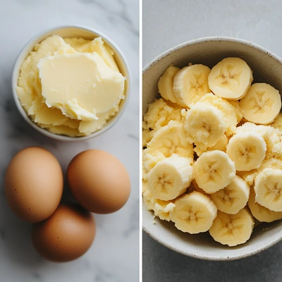 A side-by-side comparison of butter and eggs with a bowl of sliced bananas, illustrating how bananas replace ingredients in a cake mix.