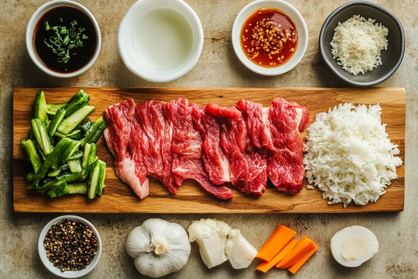 Ingredients for Beef Teriyaki Bowls laid out on a wooden board, including beef slices, rice, vegetables, and sauce ingredients.