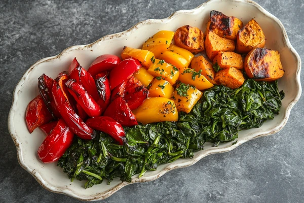 A platter of roasted sweet potatoes, sautéed spinach, and roasted red and yellow bell peppers, an example of the best combination with sweet potatoes and vegetables.