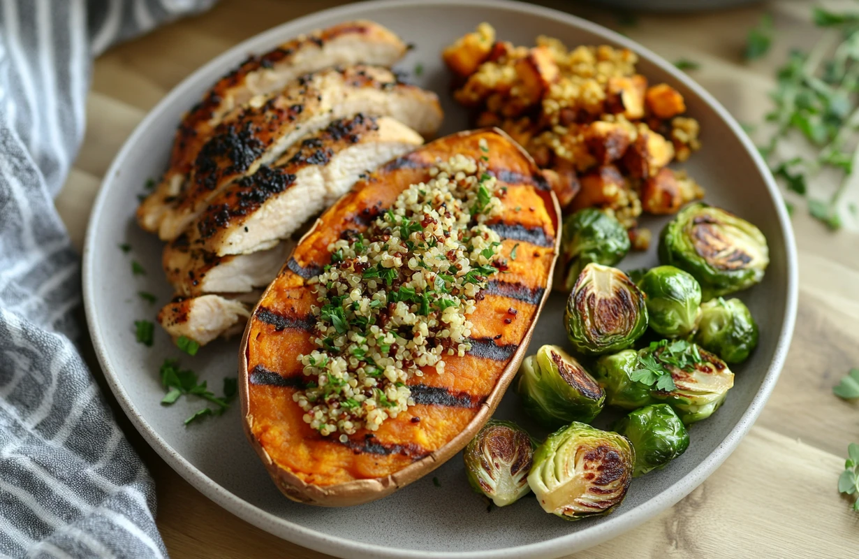 A plate of grilled chicken, quinoa-stuffed sweet potatoes, and roasted Brussels sprouts, an example of the best combination with sweet potatoes.