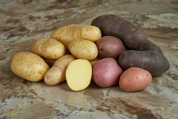 A variety of whole potatoes, including yellow, red, and purple potatoes, showcasing the best potatoes for hash.