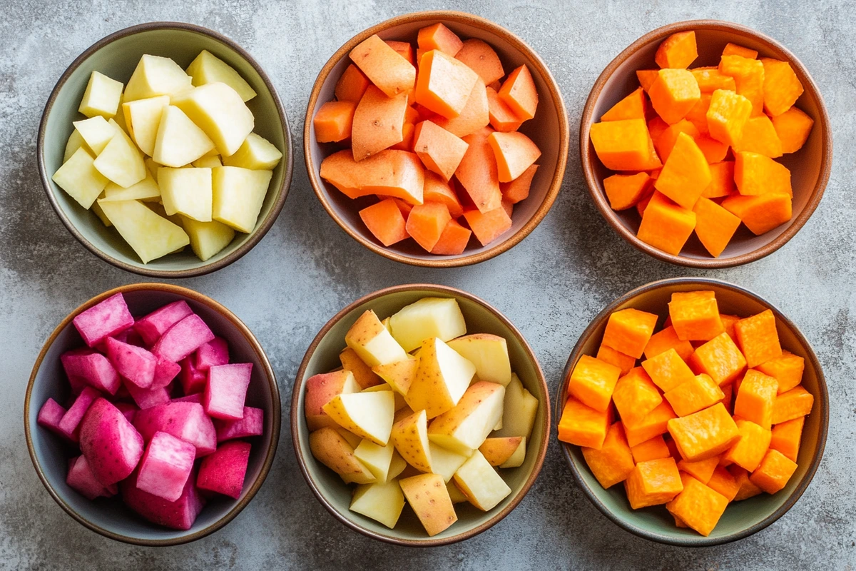 Different types of diced potatoes in bowls, showcasing the best potatoes for hash, including red, white, and sweet potatoes.