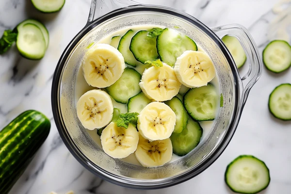 A blender filled with sliced bananas, cucumber slices, and milk, ready to blend banana and cucumber together into a smoothie.