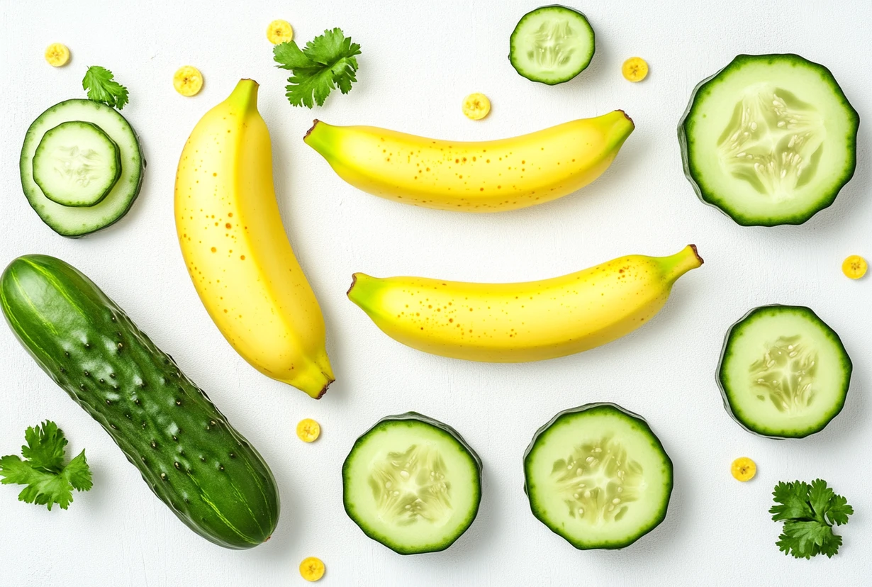 Fresh bananas and cucumber slices arranged on a white surface, ideal for blending banana and cucumber together into a smoothie.