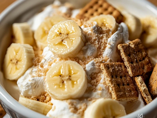 Bowl of banana split cake ingredients with sliced bananas, whipped cream, graham crackers, and crumbled toppings.