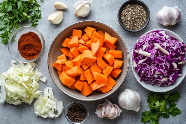 Chopped cabbage and sweet potato with spices, garlic, and herbs arranged on a gray surface.