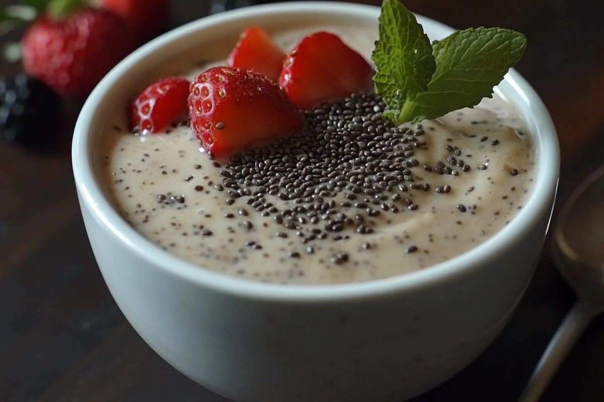 Smoothie bowl with chia seeds and flax seeds soaked overnight, topped with strawberries and mint leaves.