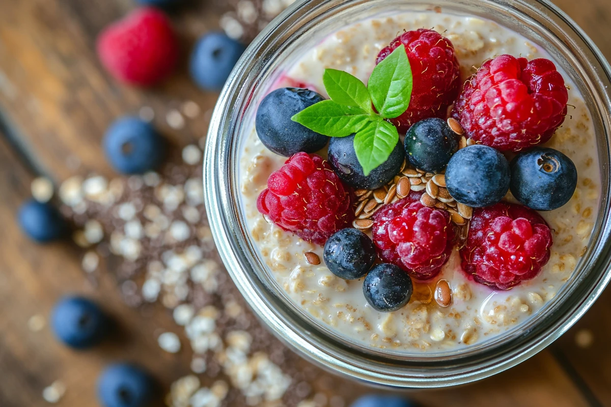 Overnight oats with flax seeds, blueberries, raspberries, and a sprig of mint in a glass jar.