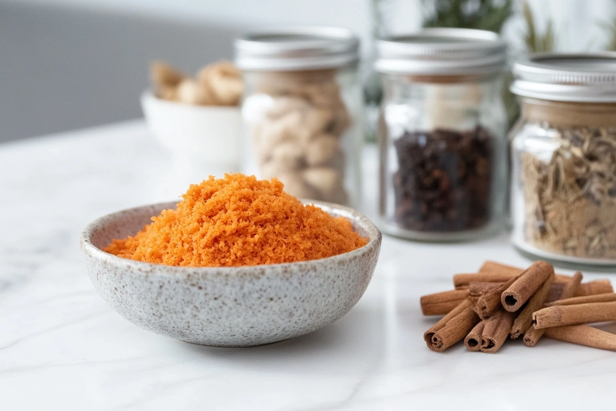 Rustic kitchen setup with baking essentials, including a ceramic mug filled with flour, fresh eggs, and tools, perfect for preparing carrot cake cookies.