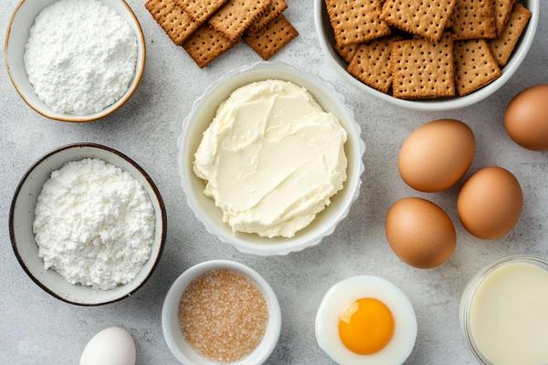 Cheesecake ingredients laid out on a surface, including cream cheese, eggs, sugar, crackers, and cream.