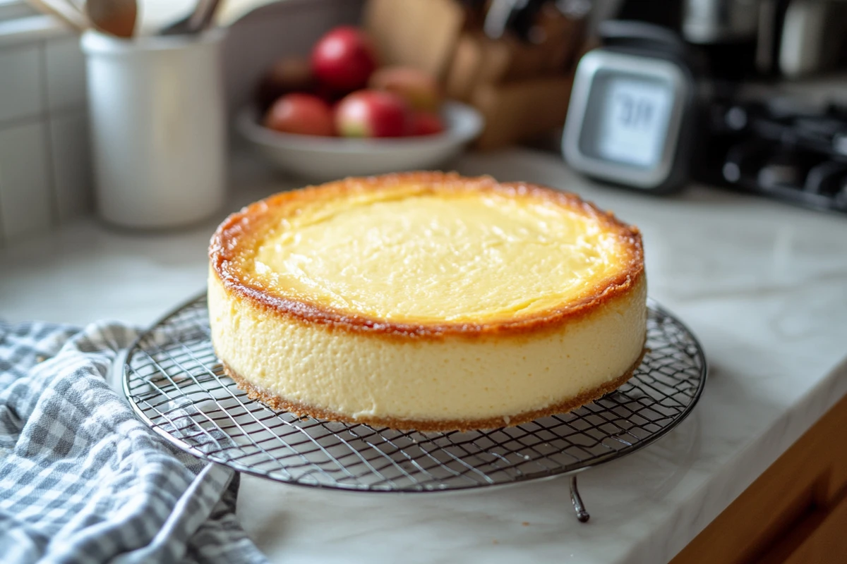 Freshly baked cheesecake cooling on a wire rack with a kitchen towel and countertop in the background.