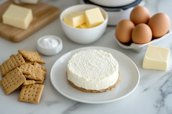 Cheesecake with ingredients including eggs, butter, cream, and graham crackers—essential for making a dessert to serve with cheesecake