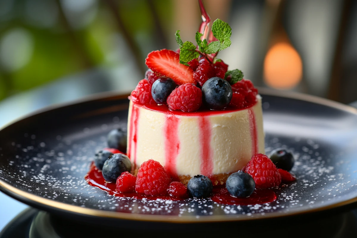 Cheesecake topped with fresh berries, drizzled with berry sauce, and garnished with mint—ideal to serve with cheesecake.