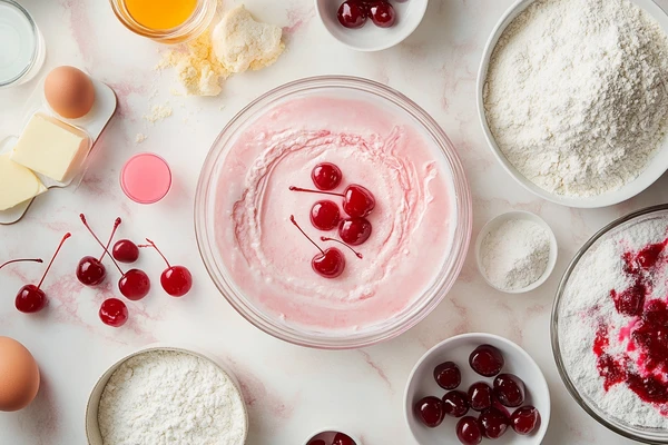 Ingredients for Cherry Chip Cake, including pink cake batter, maraschino cherries, flour, eggs, butter, and sugar, displayed on a countertop.