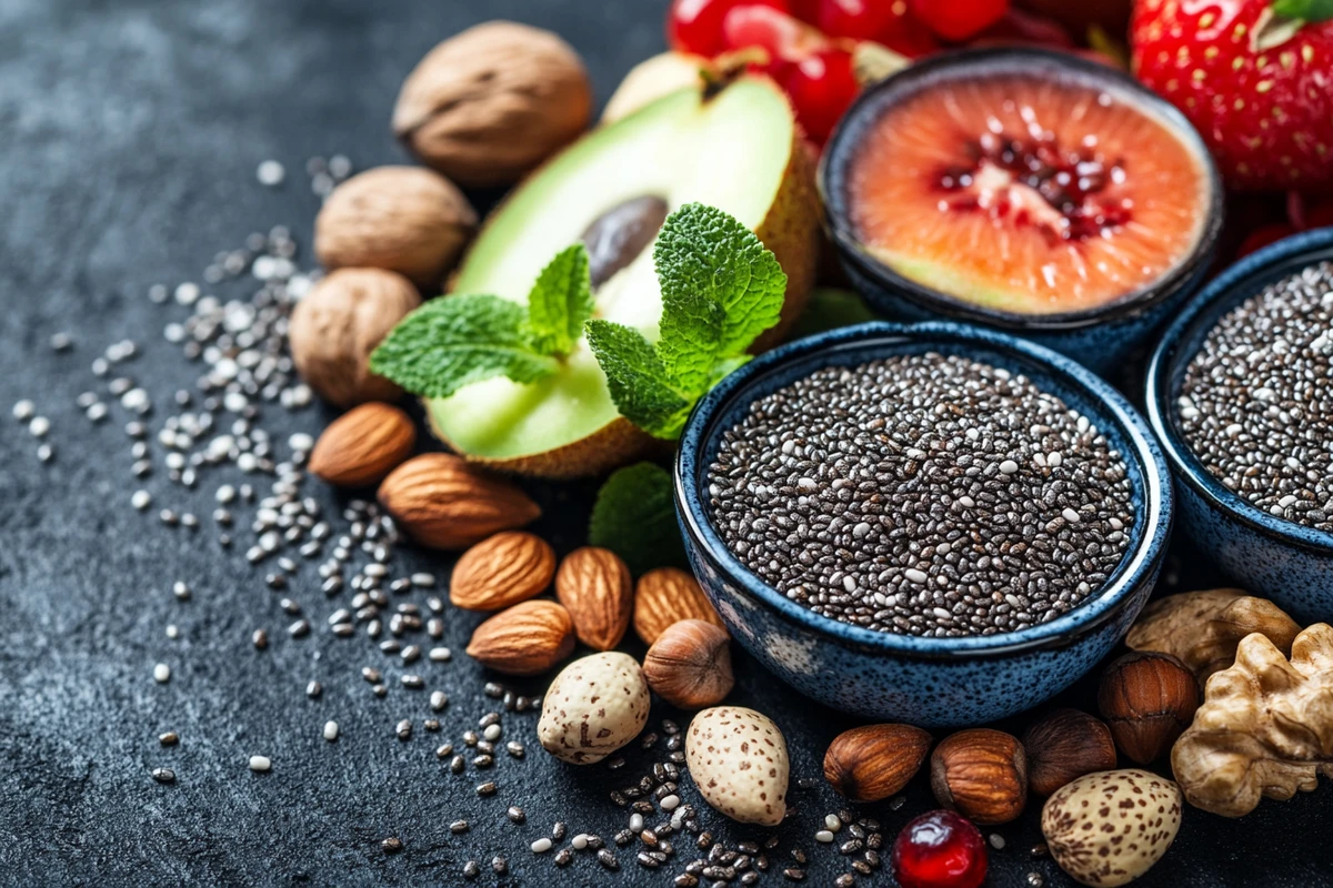 Bowl of chia seeds surrounded by fresh fruits, nuts, and scattered seeds on a dark background.