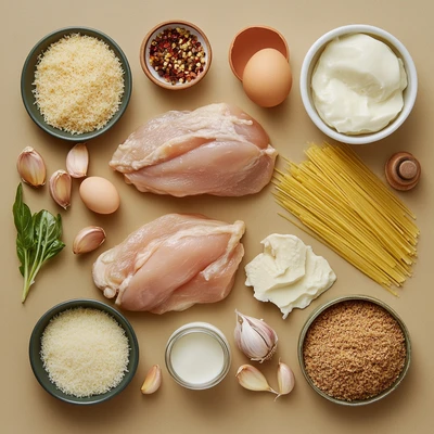 Ingredients for Chicken Parmesan Alfredo including chicken breasts, pasta, parmesan, breadcrumbs, garlic, eggs, and cream