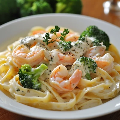 Variation of Chicken Parmesan Alfredo with shrimp, broccoli, and creamy pasta garnished with herbs