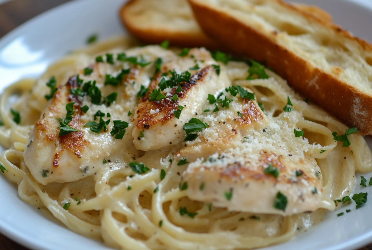 Chicken Parmesan Alfredo with creamy pasta, grilled chicken, parsley garnish, and garlic bread.