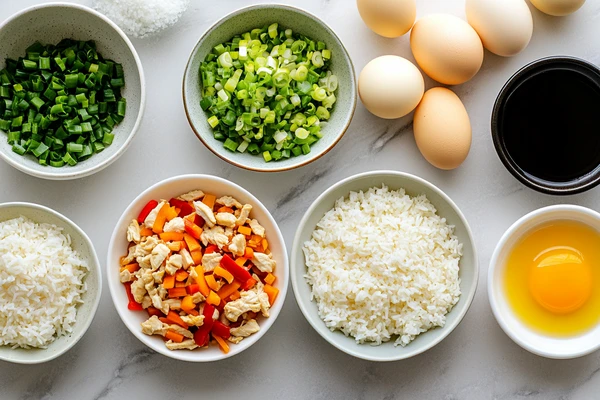 Ingredients for chicken stir fry fried rice, featuring rice, chicken stir fry leftovers, eggs, green onions, and soy sauce on a clean marble surface.