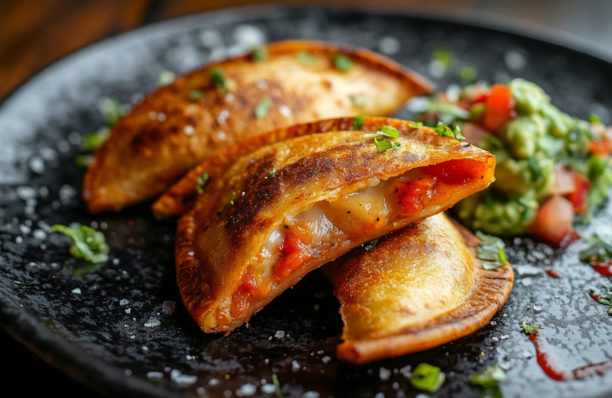 Crispy chicken stir fry quesadilla filled with vegetables and cheese, served with guacamole and salsa