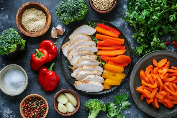 Ingredients for Chicken Stir-Fry with Veggies including sliced chicken, bell peppers, carrots, broccoli, and seasonings.