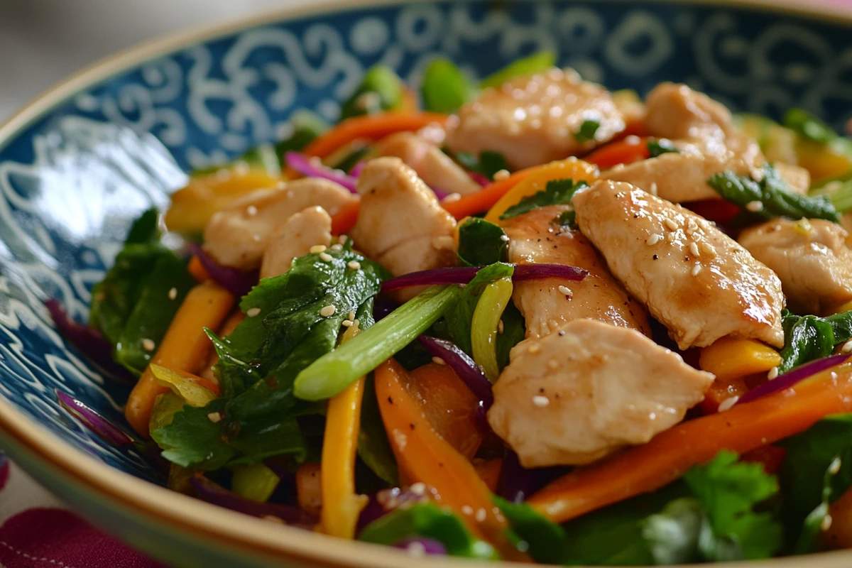 Chicken Stir-Fry with Veggies featuring tender chicken pieces, colorful bell peppers, carrots, and fresh greens.