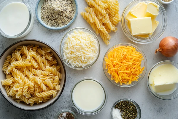 Ingredients for Chickpea Pasta Mac and Cheese, including chickpea pasta, shredded cheese, butter, milk, and seasonings on a light surface.