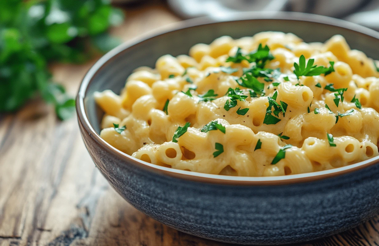 A bowl of Chickpea Pasta Mac and Cheese garnished with parsley, served in a rustic dish on a wooden table.