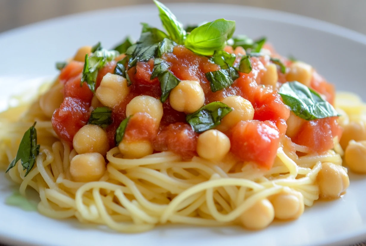 Chickpea pasta with fresh tomatoes, basil, and chickpeas, demonstrating how chickpea pasta taste like pasta.